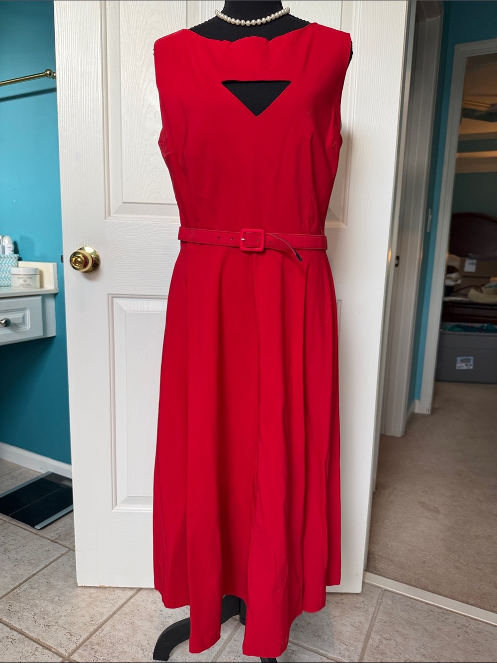 Bettie Page Rockabilly Red Sleeveless Swing Dress with Red Belt